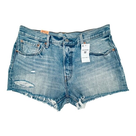 Levi's 501 Original High Rise Distressed Shorts Athens Medium Wash 32 Button Fly - Picture 3 of 9